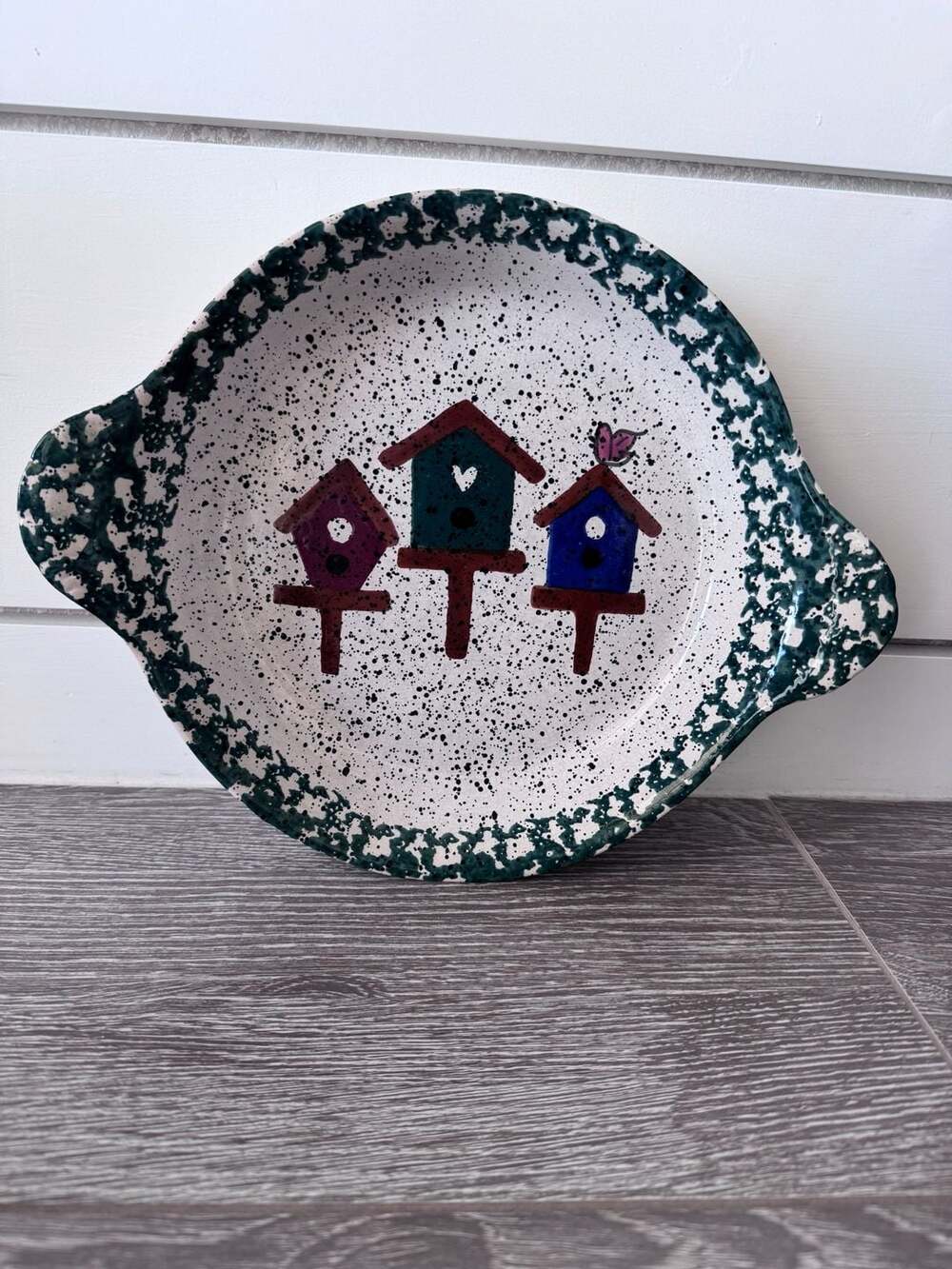 Vintage Hand Painted Pie Plate Green Spongeware Stoneware